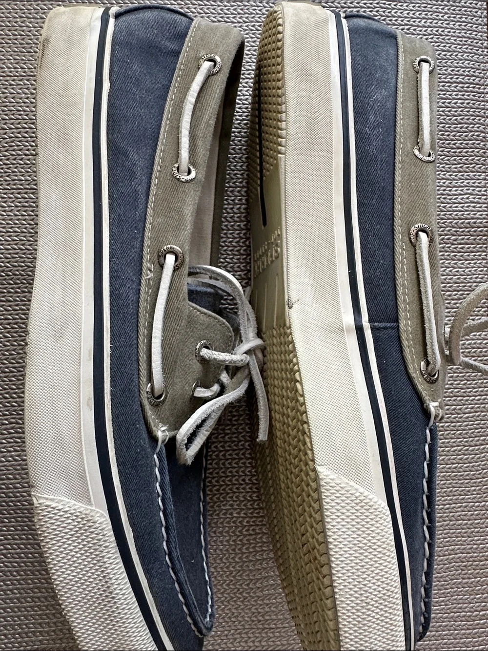 Sperry Two-Tone Canvas Boat Shoes in Navy and olive green